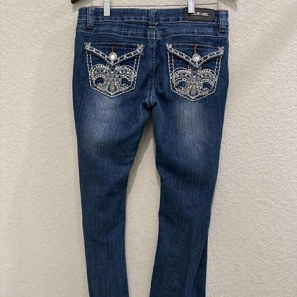 Rich Girl Women's Blue Raw Hem Jeans With Bling On Back Pocket Size 9 - Picture 2 of 12